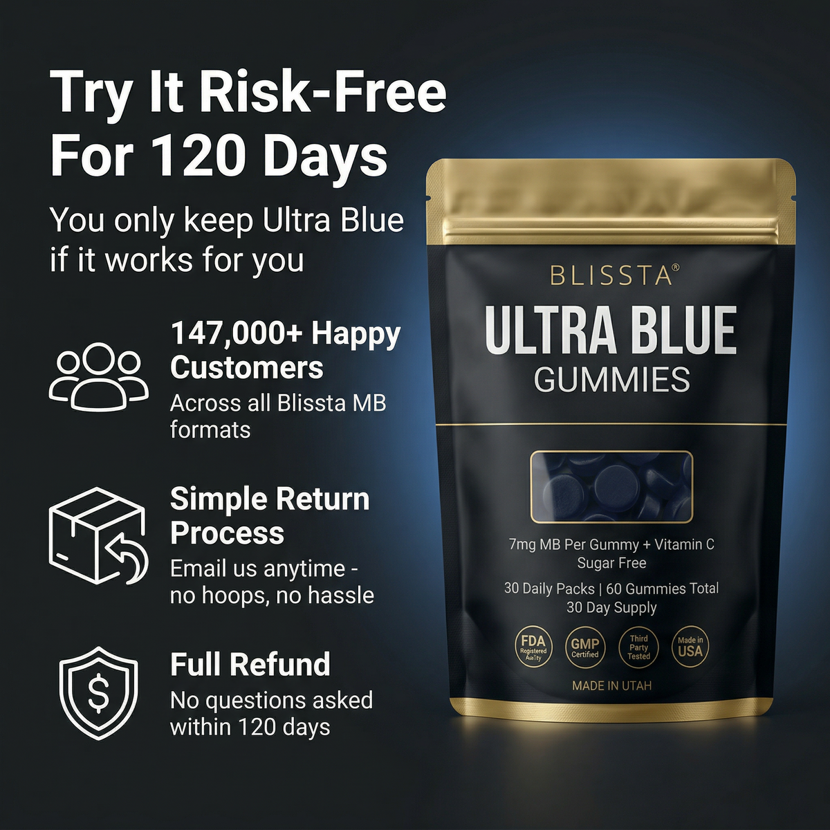 Blissta Ultra Blue Gummies pouch on dark background