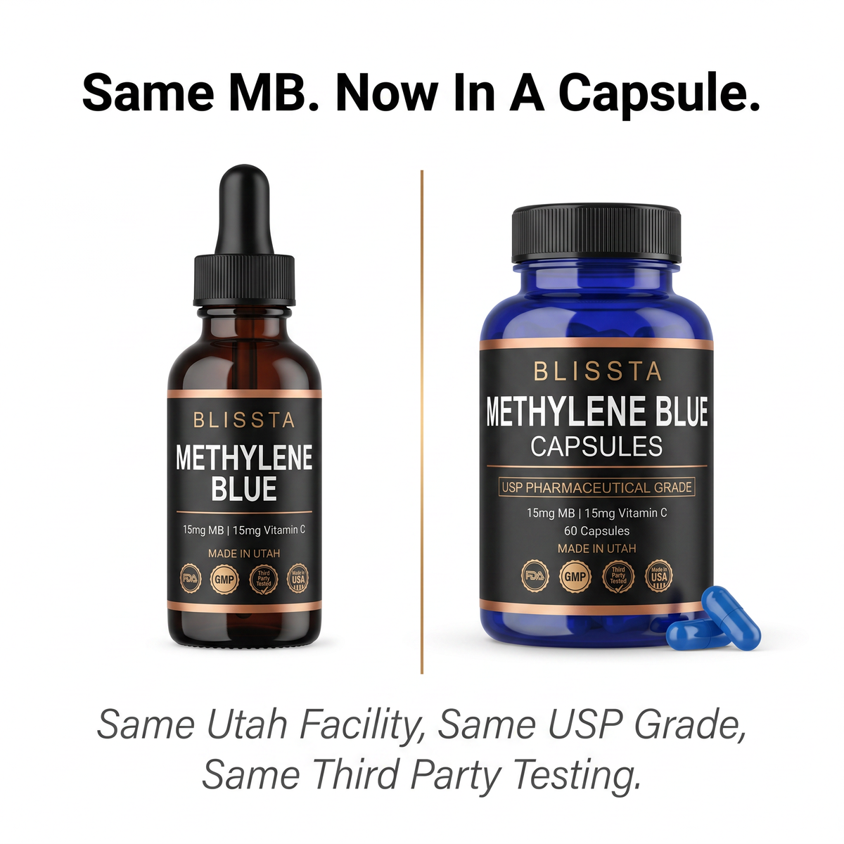 Blissta methylene blue capsules — editorial graphic