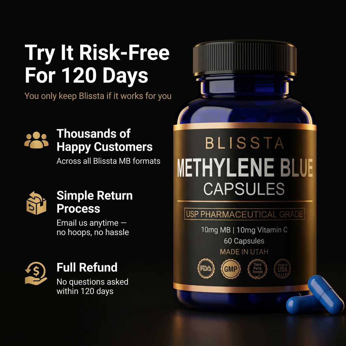 Blissta methylene blue capsules — editorial graphic