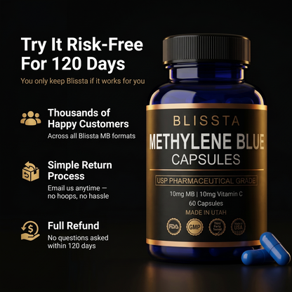 Blissta methylene blue capsules — editorial graphic